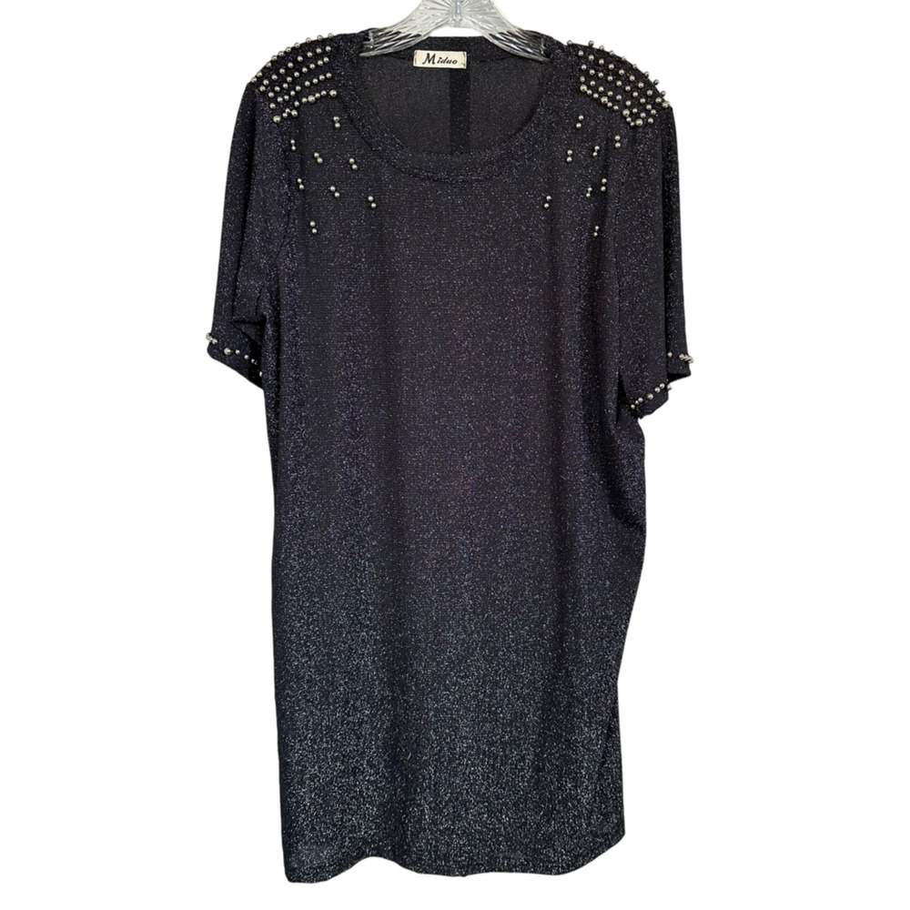 Women's Tunic Top - Short Sleeve Embellished Shimmer Relax Fit - One Size GRAY
